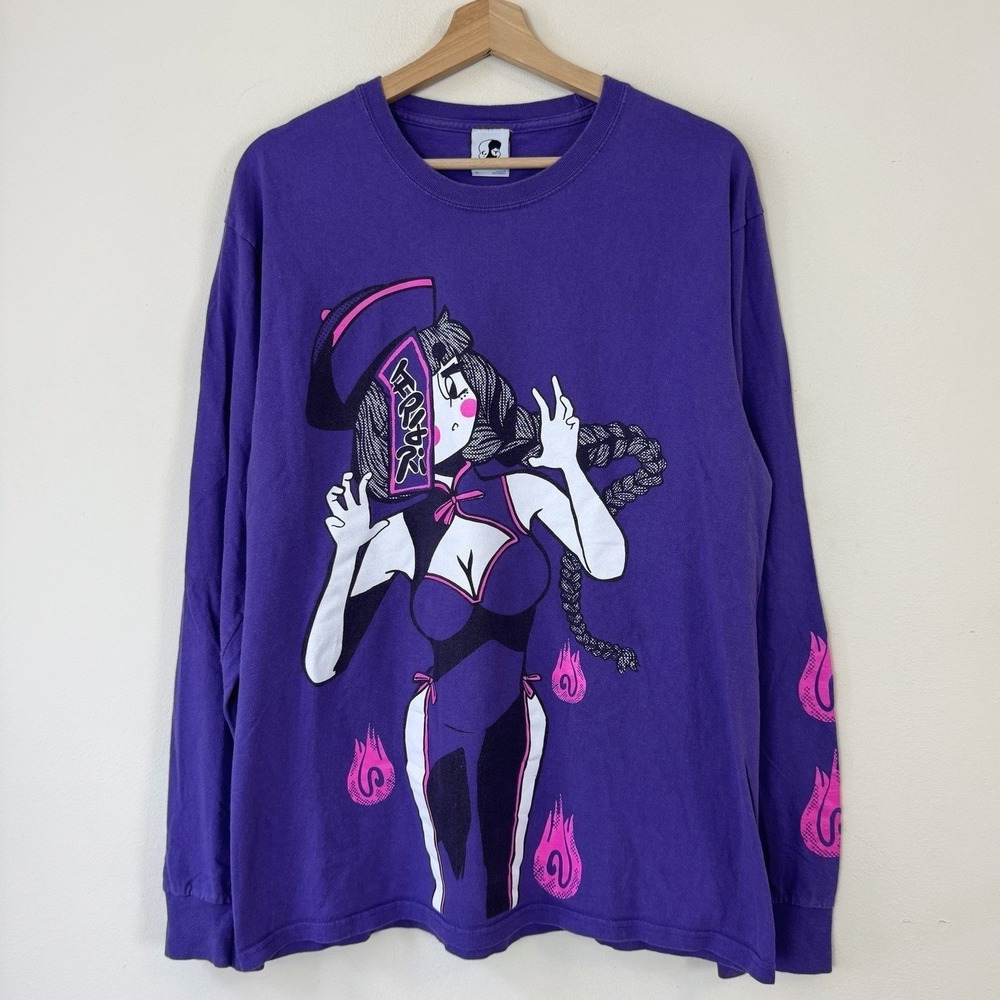 APARI Anime Art Trash Taste Graphic Blue Long Sleeve Tee Shirt - Large